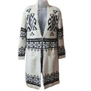 Sequin Hearts Aztec Print Fuzzy Long Line Blanket Cardigan Sweater Med